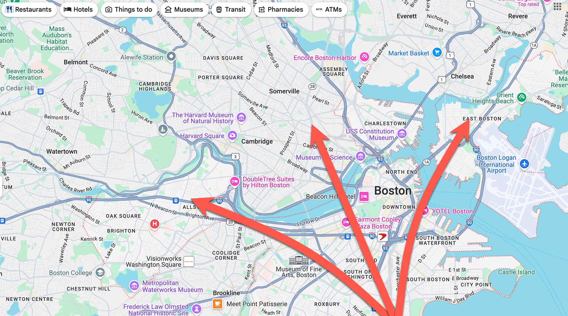 Boston-Map A map of Boston MA with arrows pointing to locations where Milhench delivers products
