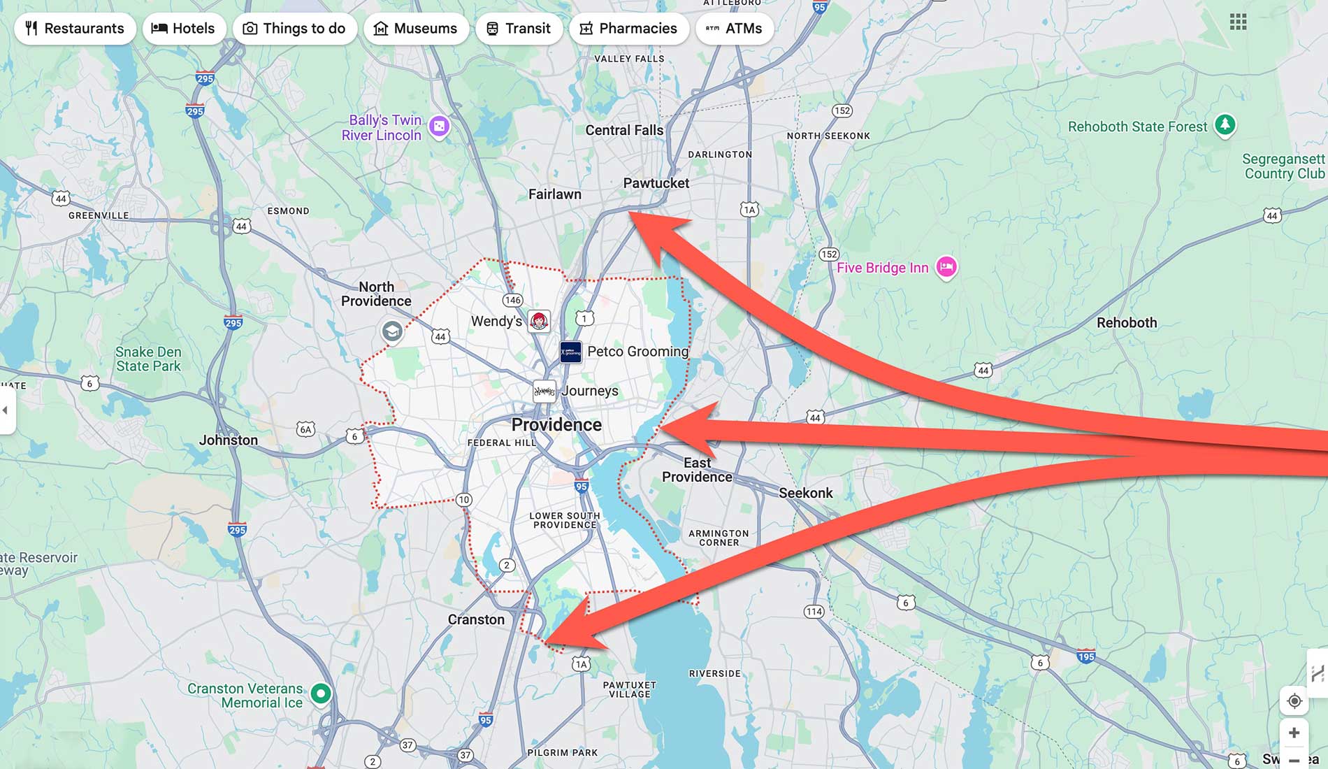 Providence-Map A map of Providence RI with arrows pointing to locations where Milhench delivers products